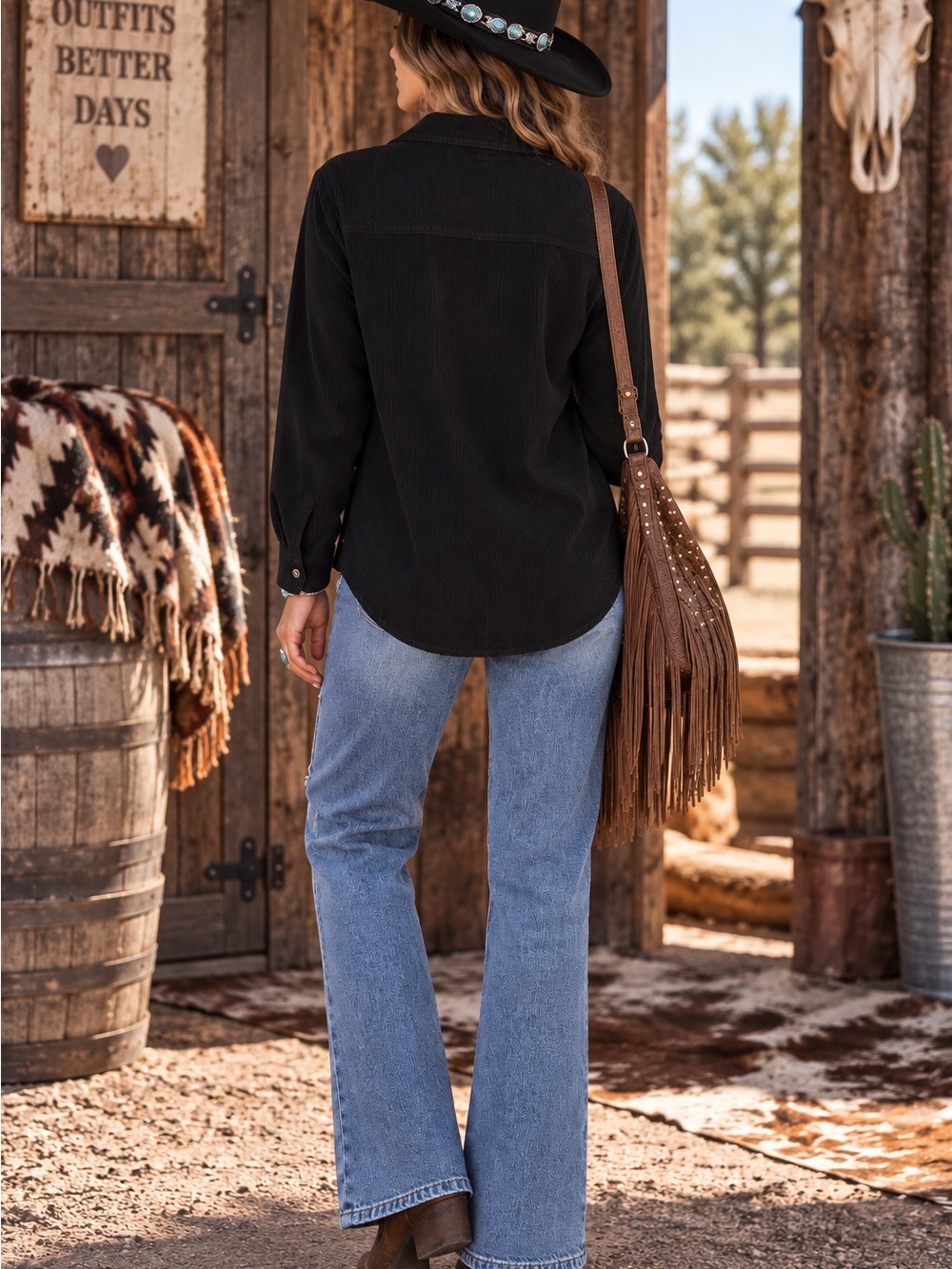 Amazon Black Corduroy Button-Down Shirt with Gold Stud Accents - Picture 3 of 7
